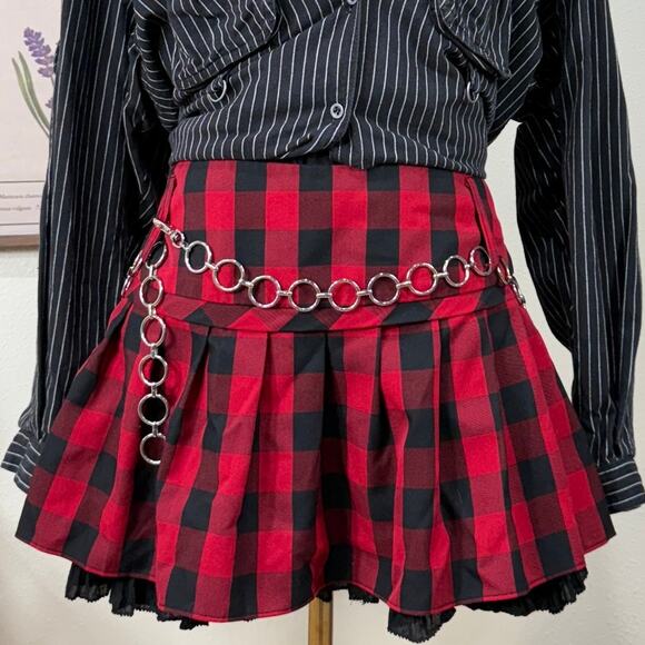 Vintage 90s Y2k Red Black Plaid Low Rise Mini Skirt Punk Grunge Mall Goth L - Picture 2 of 6